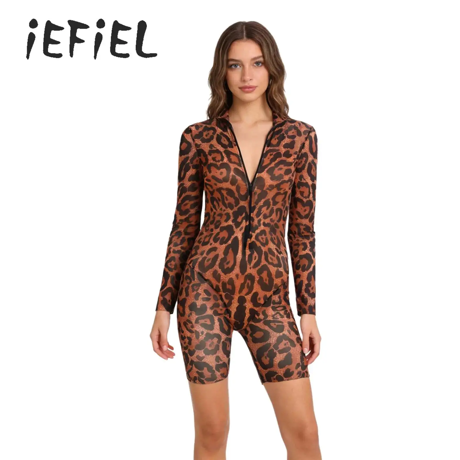 Women Leopard Swimsuits One Piece Bathing Suit Long Sleeve Built-In Chest Pad Briefs Zip Up Full Coverage Thin Surfing Beachwear
