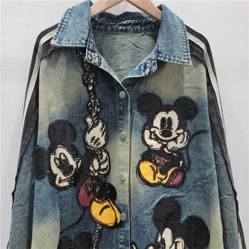 2025 Autumn New Cartoon Anime Print Denim Jacket Women Trendy Brand Heavy Embroidery Sequin Long Sleeve Mid-Length Top