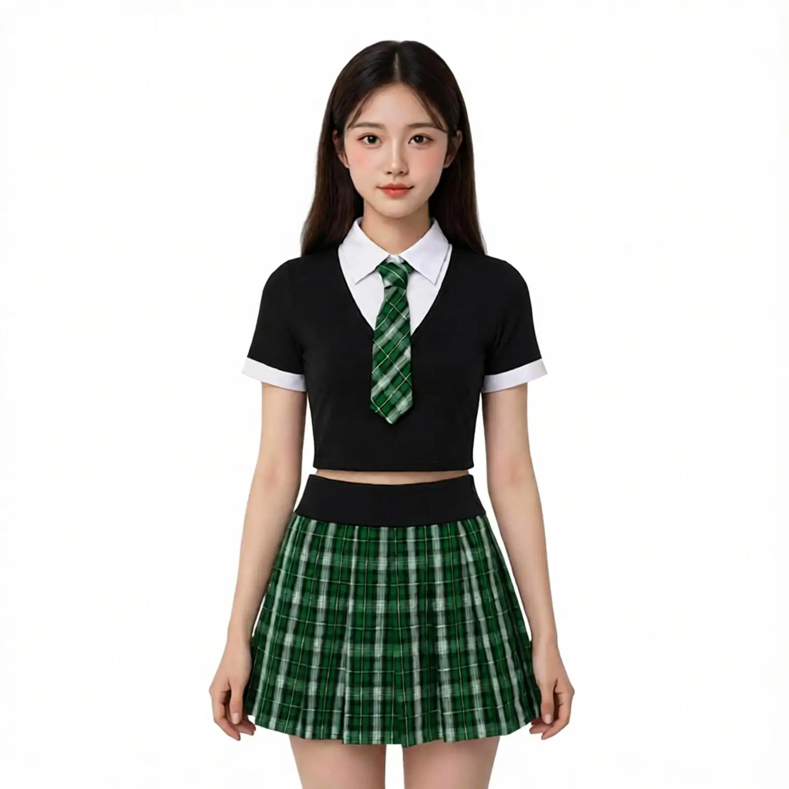 Korean School Uniform Women Schoolgirl Costume Short Sleeve Color-blocked Crop Top with Tie Plaid Skirt for Cheerleading Dance