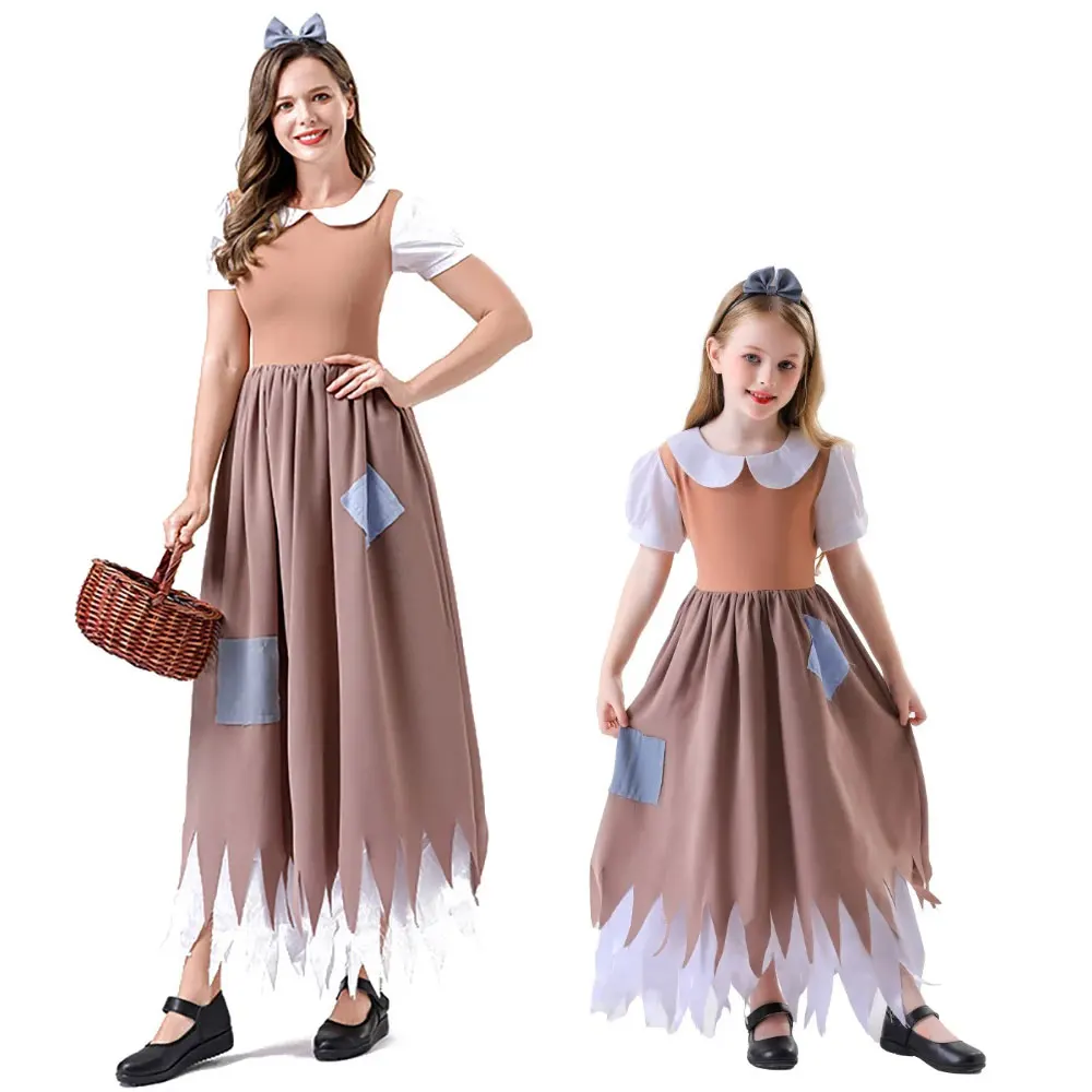 

Adult Girls Kids Child Medieval Maid Costume Drama Stage Performance Wear Story Book Poor People Role Play Dress
