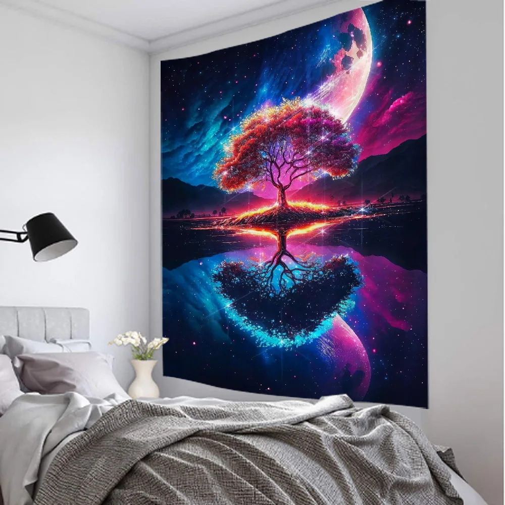 Psychedelic tree tapestry starry sky fantasy art wall hanging hippie wall decoration home background fabric dormitory bed sheets