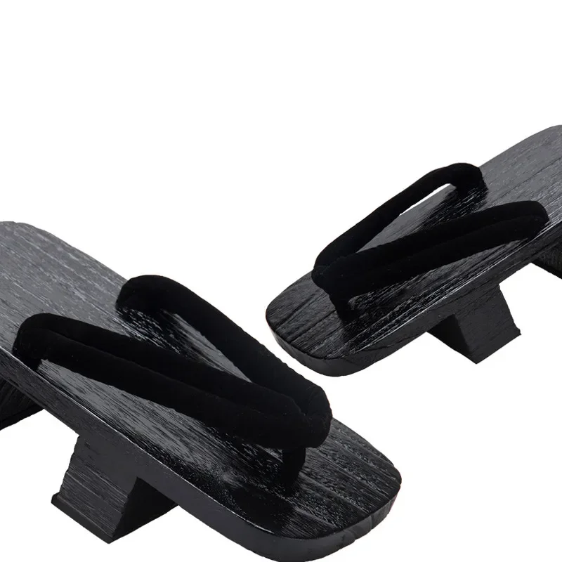 Cosplay Shoes Men's  Double Heel Wood  Flip Flops Black Painted Color Summer Sandals Geta Beach Slippers Clogs