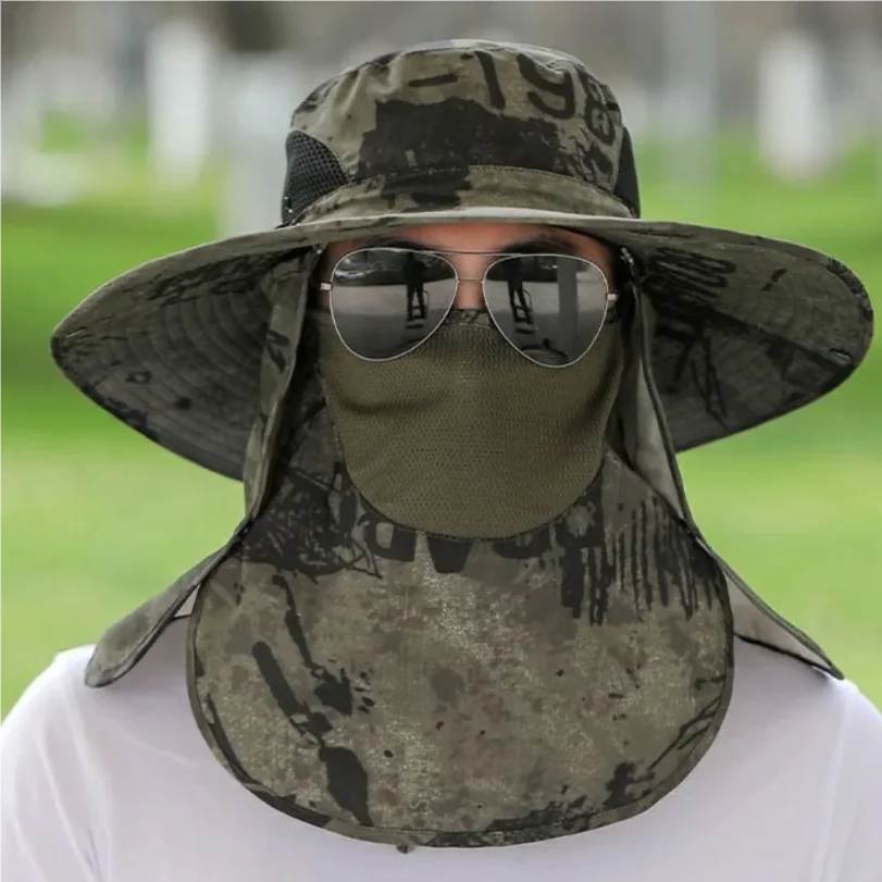 

Anti-UV Wide Brim Sun Hat With Face Mask Adjustable Agricultural Work Hat Outing Hiking Fisherman Hat Breathable Beach Bucket