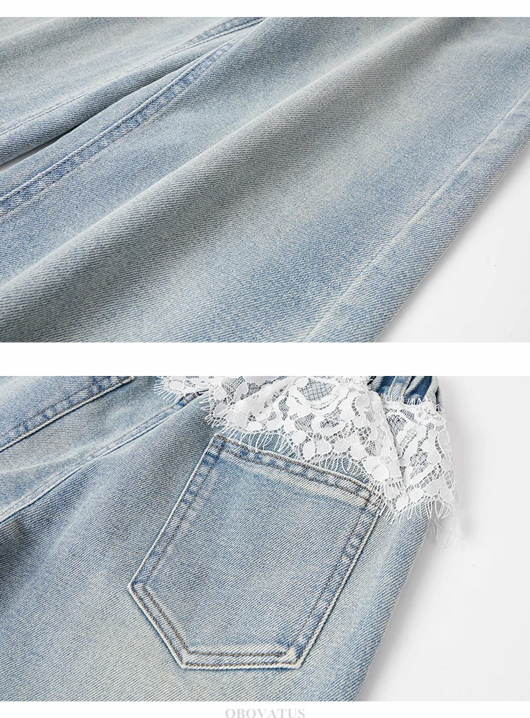 Spitzenjeans für Mädchen, Modische Kleidung für Teenager, Einfarbige, Lose Kinderjeans mit Weitem Bein, Hohe Taille, Spitzendesign, Kinderhose – Detail 9