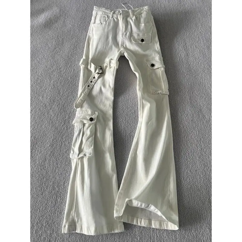 Y2K White Cargo Flare Pants for Women High Waist Buckle Strap Vintage Streetwear Casual Wide Leg Trousers Y2k Fashion Outfits