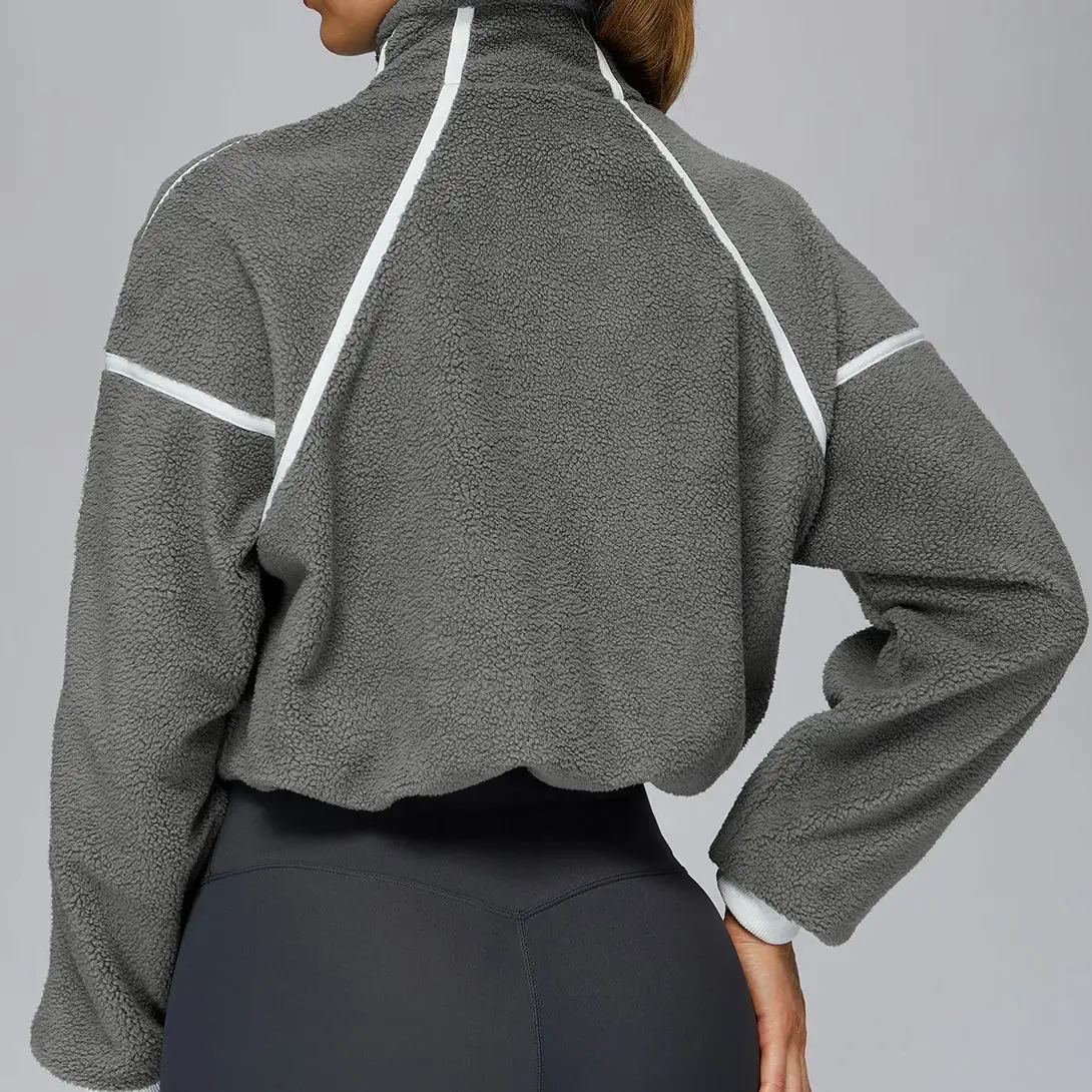 Women Autumn Winter coat Stand Collar Windproof Warm Fleece Jacket Women's Running plus Fleece Sports Jacket Pocket Zipper Tops