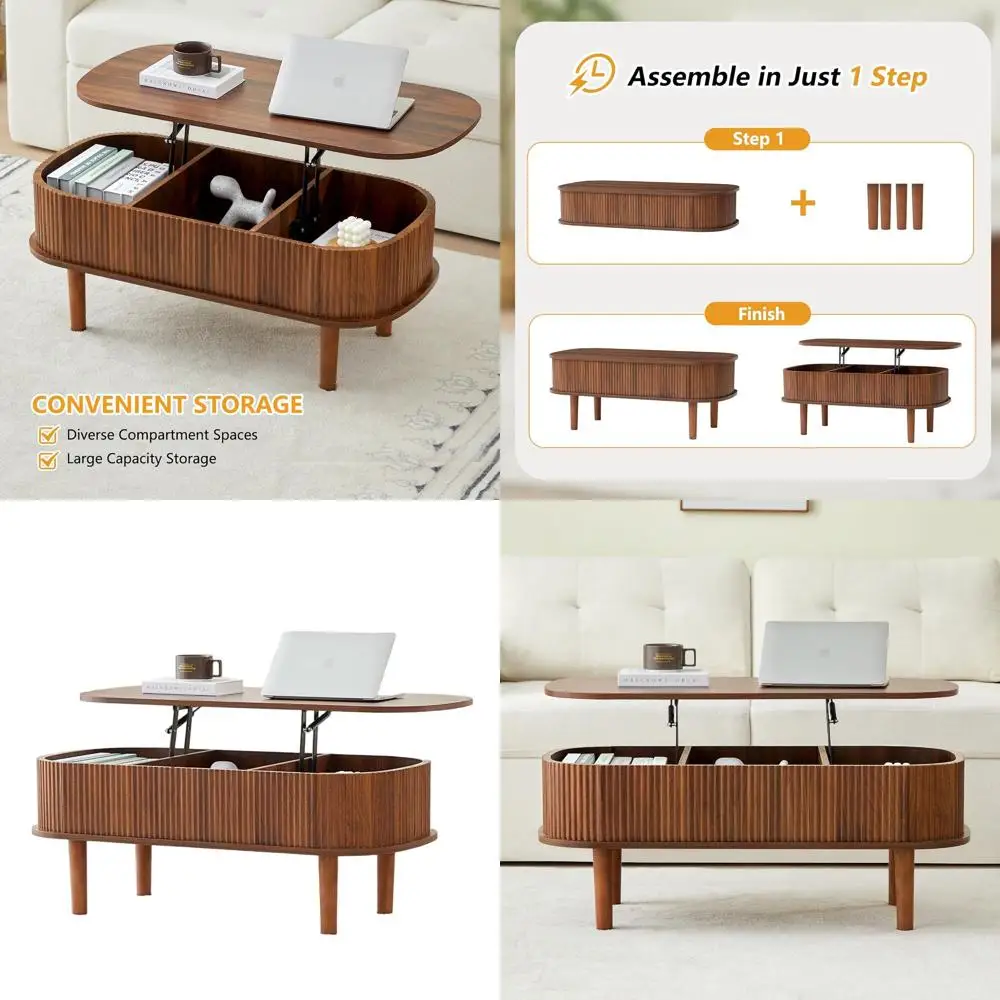 

Modern Walnut Oval Coffee Table with Lift Top and Hidden Storage for Living Room or Office