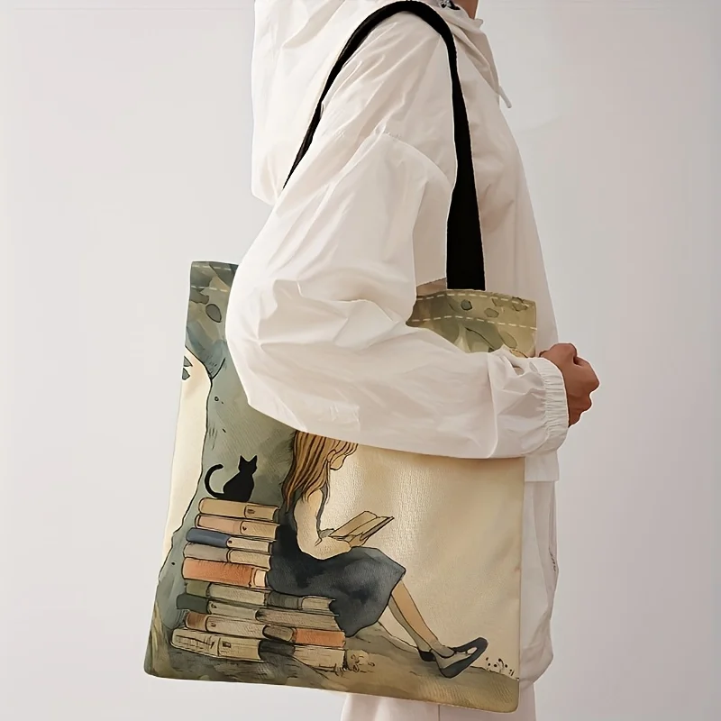 

Book Girl Pattern Printed Casual Tote Bag, Reusable Fashion Single Shoulder Backpack