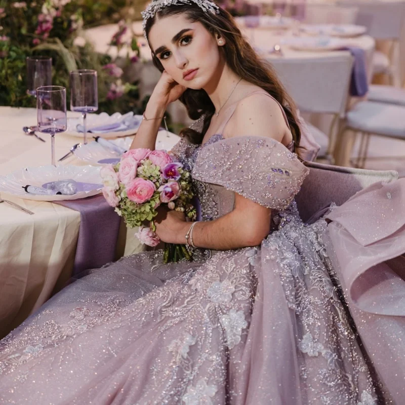 

Shiny Purple Quinceanera Dress Lace crystal glitter flower decal Long tail Big Bow vestidos de 15 Quinceanera ﻿Customized