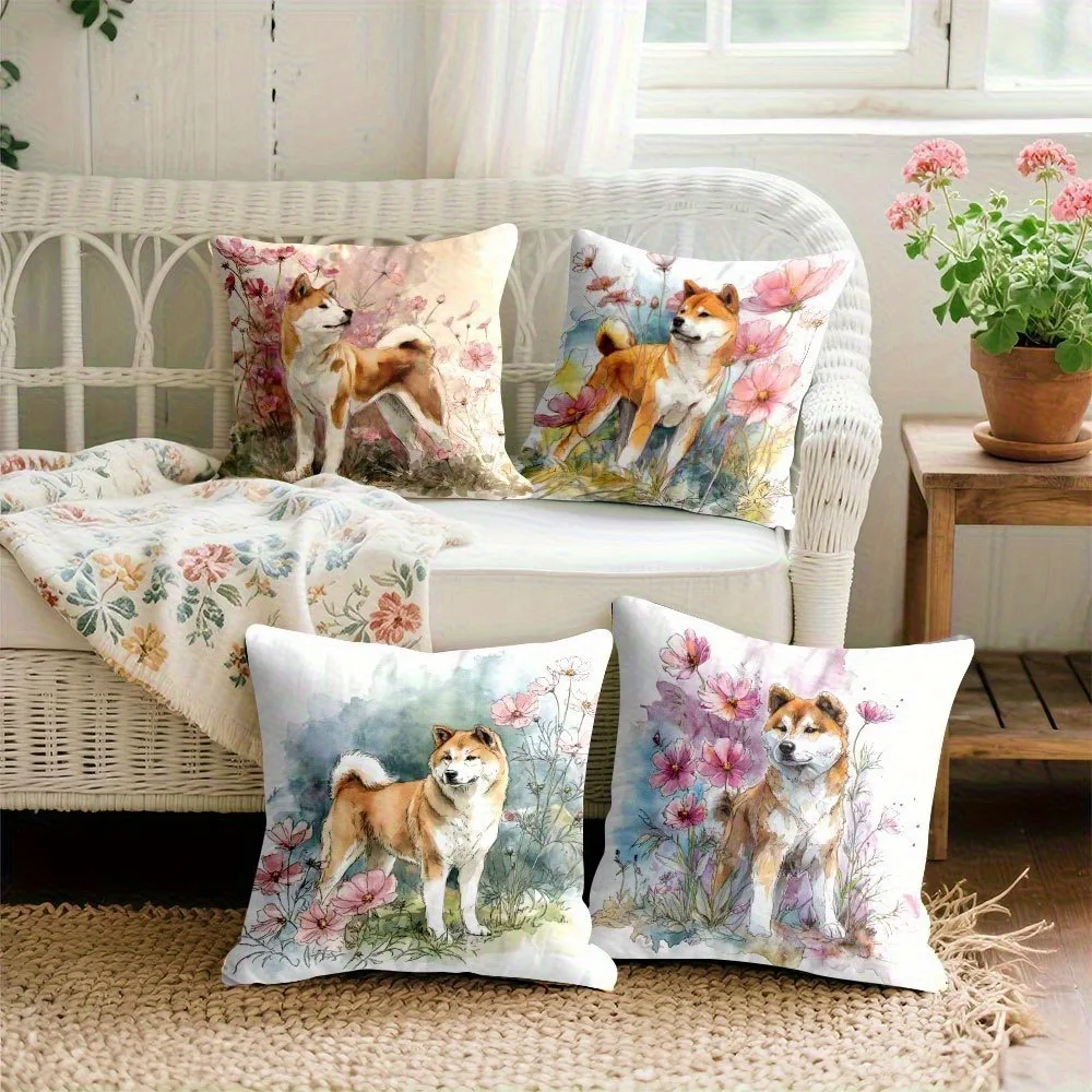 

Charming Shiba Inu Floral Watercolor Pillowcase - Adorable Pet Pattern Cushion for Cozy Cottage Core Home Decor