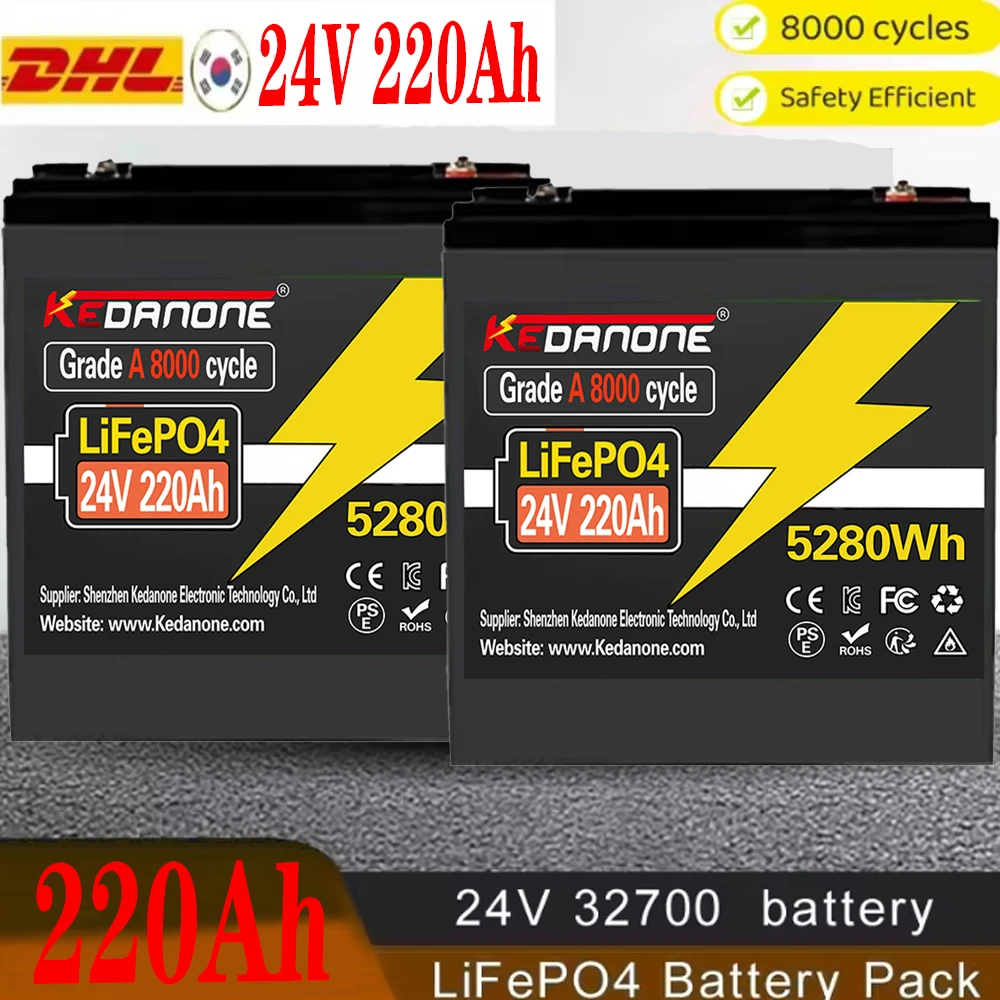 

32700 24V 220AH LiFePO4Battery Built-in 220A BMS RV Rechargeable Lithium Iron Phosphate, Solar Marine Overland Off-GridBatte