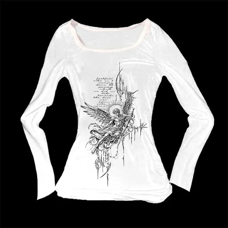 Herbst und Winter neuer amerikanischer Stil Y2K Damen Slim Fit Top T-Shirt einfaches tägliches DIY bedrucktes Langarm-T-Shirt Basisshirt