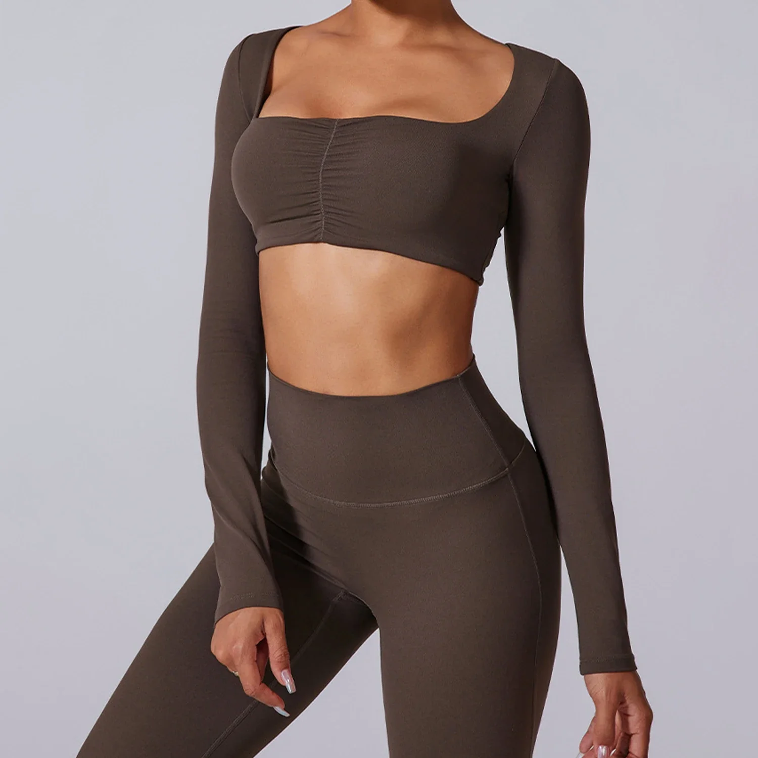 

Autumn New Soft Long Sleeve Blouse Square Neck Waistless Sexy Removable Cups Pleated Solid Color Sports Breathable Long Sleeve