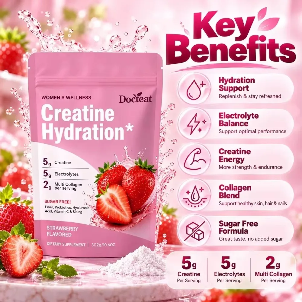 Creatine Powder Strawberry Flavor 30 Servings with Electrolytes Collagen Vitamin C Biotin Sugar Free Pre Workout Fitness Supplem
