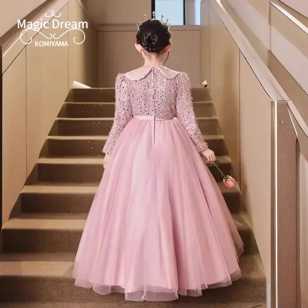 Customized Niche Evening Dress Pink Birthday Party Long Sleeve Ball Gown Princess Robe Piano Performance Flower Girls Dresses