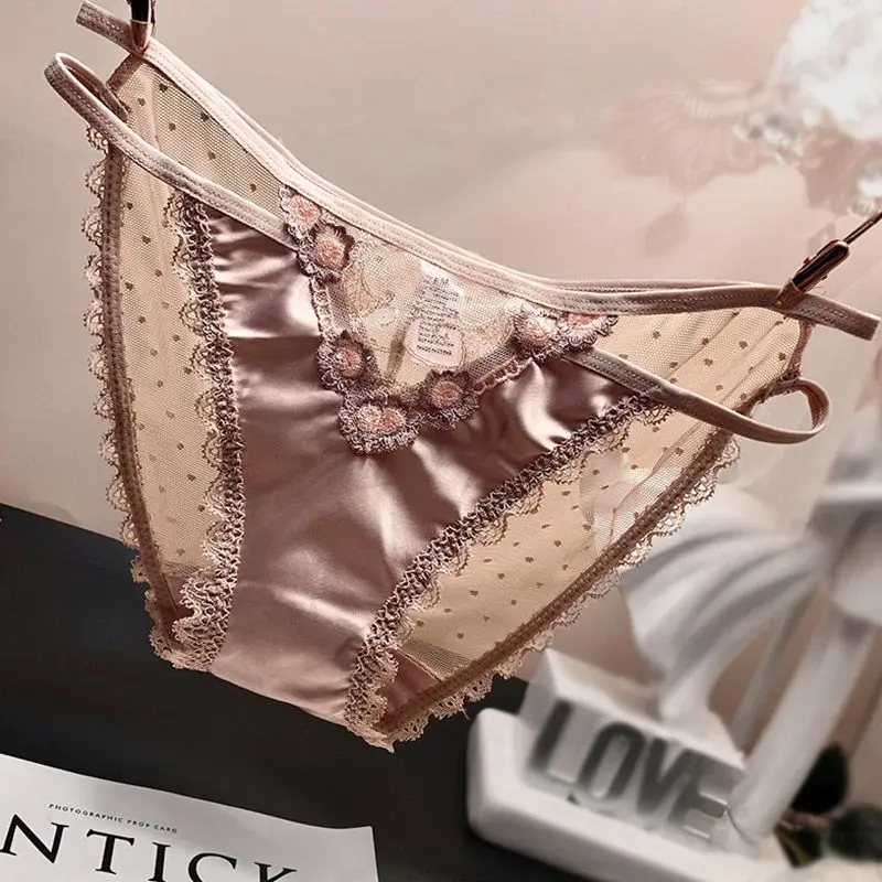 Sexy Lace Underwear Female Strap Hollow Out Embroidery Panties Summer Low Waist Briefs Transparent Satin Mesh Triangle Pants