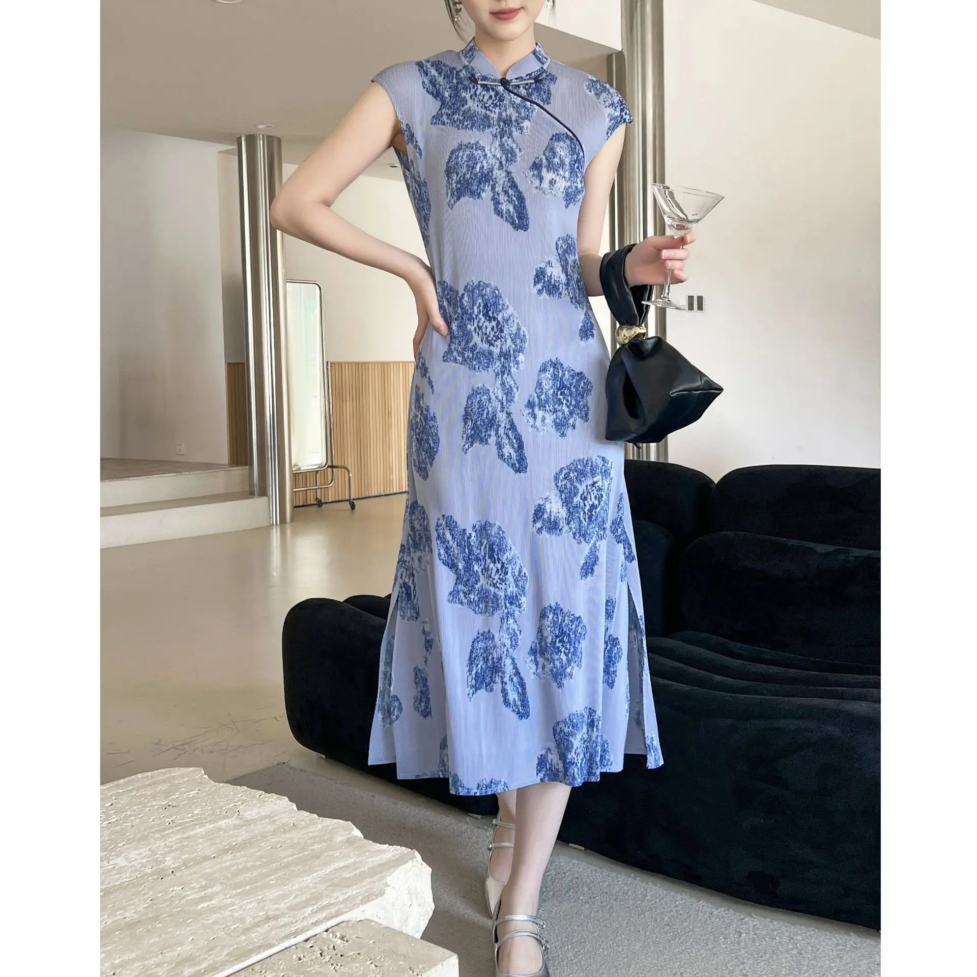 

Miyake Elegant New Chinese Style Long Printed Dress Summer High-End Feeling Women's Fashion Short Sleeve Knee-Length Split Dress