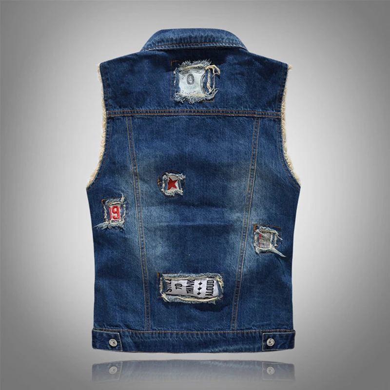 Spring Summer Men\'s Denim Vest Fashion Male Hip Hop Patch Hole Waistcoats Male Night Club Party Jeans Sleeveless Jacket Clothing