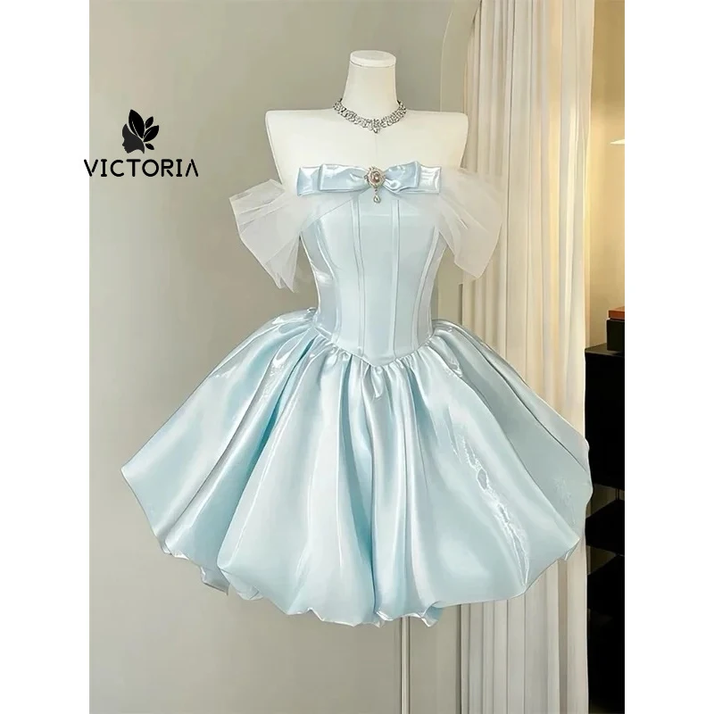 Customized Satin Off Shoulder Mini Evening Party Dress with Bow Rhinestone Detail Prom Quinceañera Princess Gown
