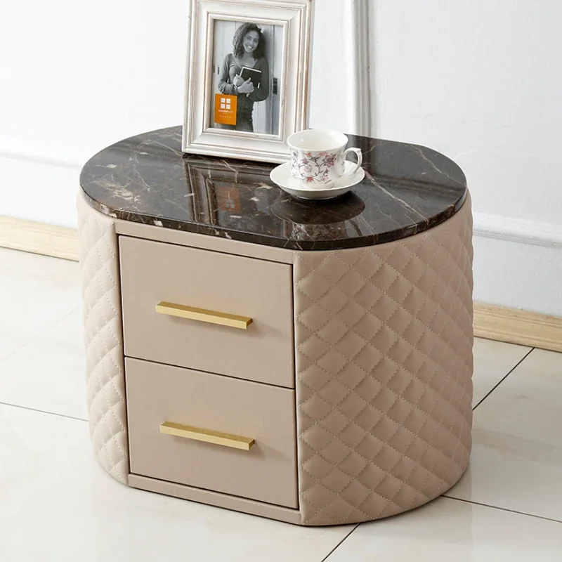 

Light Luxury Bedside Table Leather Marble Oval Post-Modern Simple Storage Cabinet Bedroom Locker