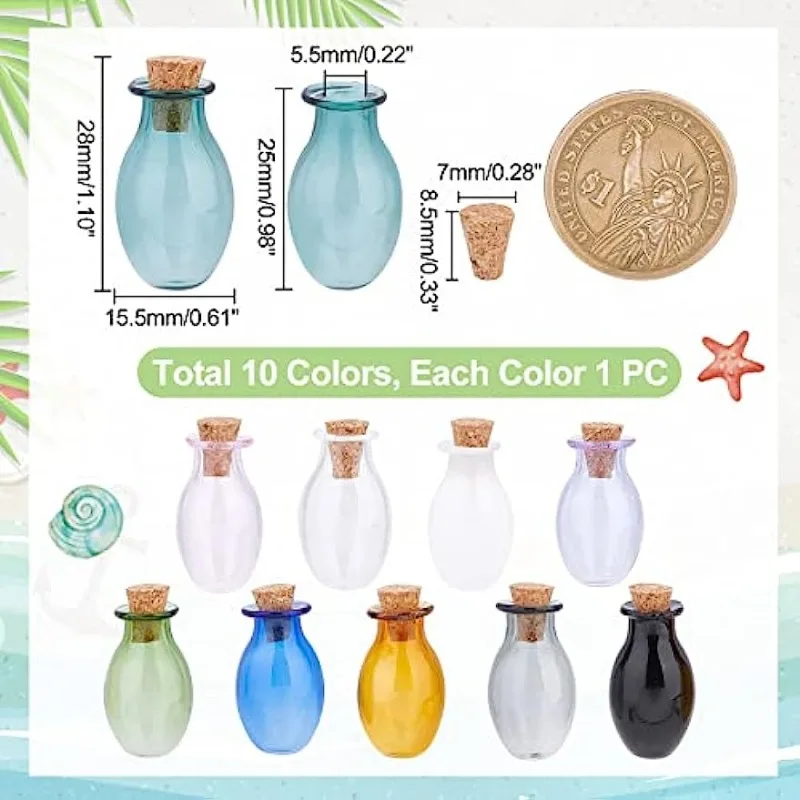 10pcs Mini Glass Bottles Colored Tiny Spell Jars Mini Potion Bottle Oval Wishing Bottle Vials with Corks Stopper Drifting Bottle