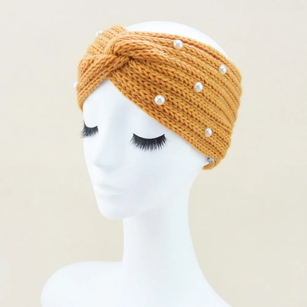 Women Pearl Cross Knitted Headbands Winter Warm Hairband Thickened Wide Elastic Ear Warmer Turban Headwrap Lady Hair Accessories