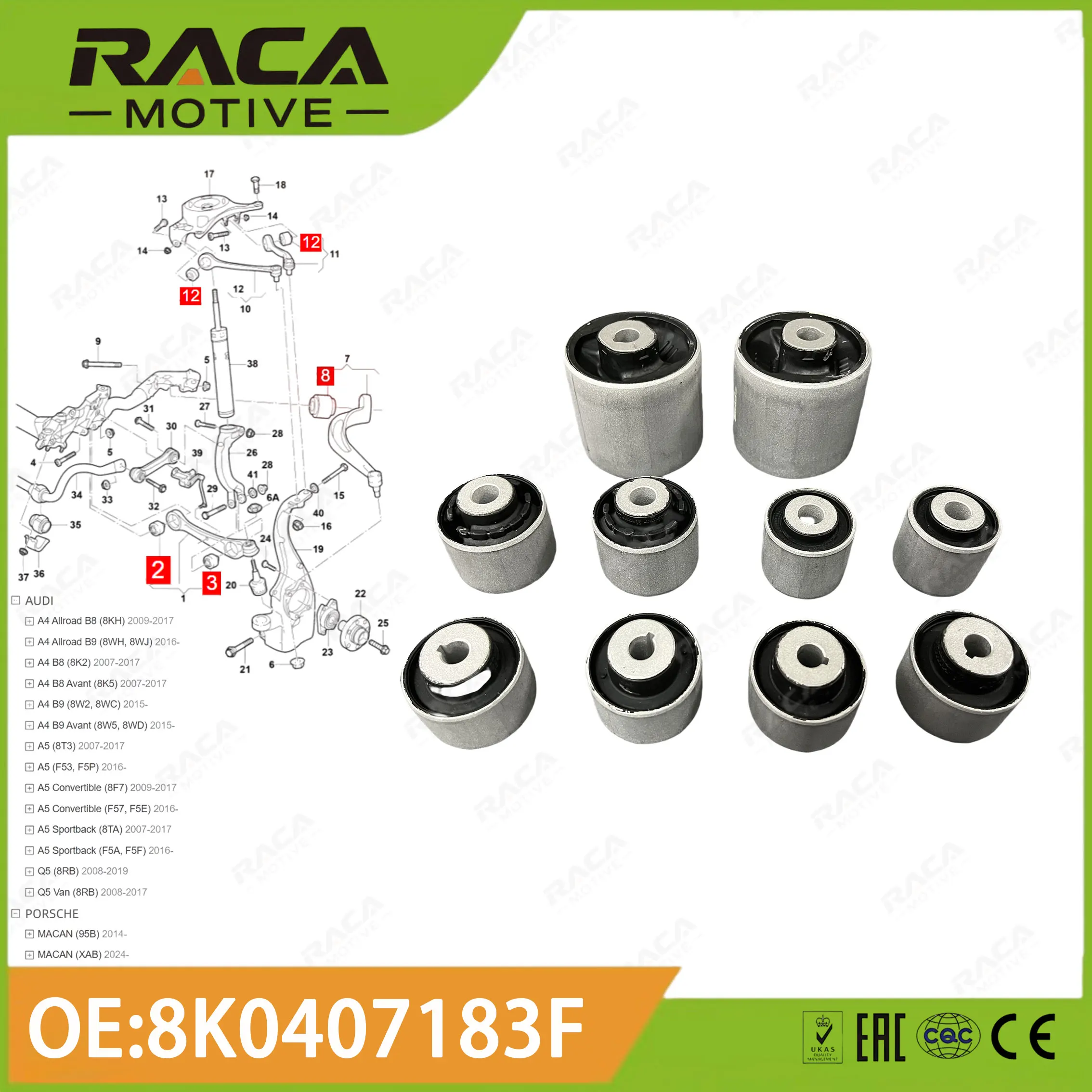 Front axle suspension bushing, control arm/trailing arm bushing suitable for Porsche MACAN 95B/XAB, Audi A4 B8 B9 A5 Q5 8RB 8K0407183F 8WD407515 4GD407181 4GD407182