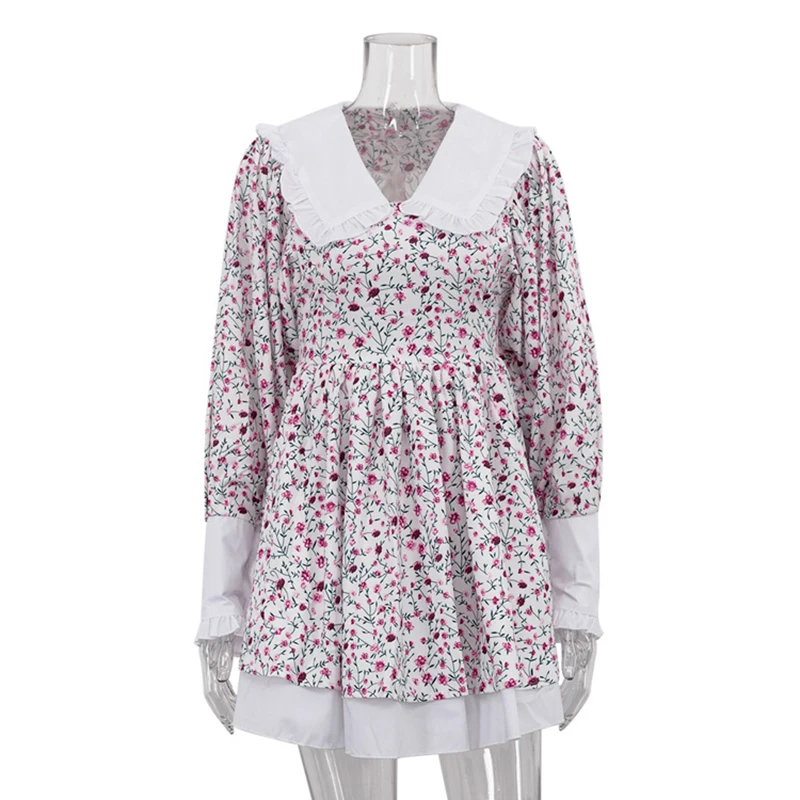 Moda peter pan colarinho impressão vestidos primavera feminino lanterna manga dupla camada vestido de verão cintura alta uma linha mini vestido