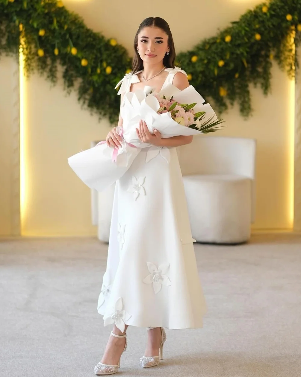 

Customized Intricate Matching Jersey Handmade Flower Sequined A-line Square Neck Midi Dresses Bespoke Occasion Dresses Formal