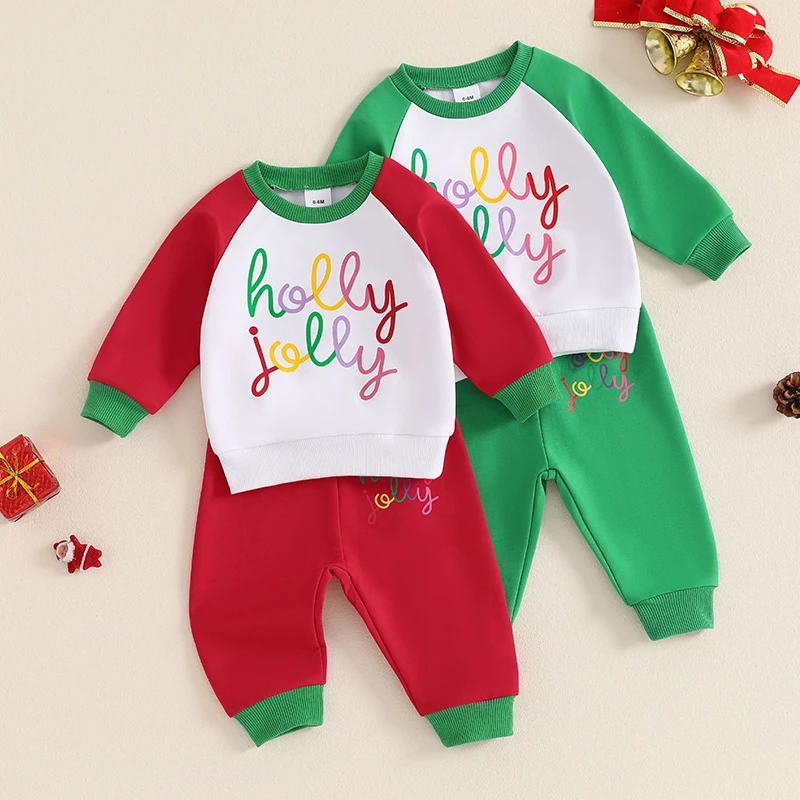 

Baby Boy 2 Pcs Christmas Outfit Letter Print Raglan Long Sleeve Sweatshirt and Elastic Pant Set for Newborn Infant Fall Clothes