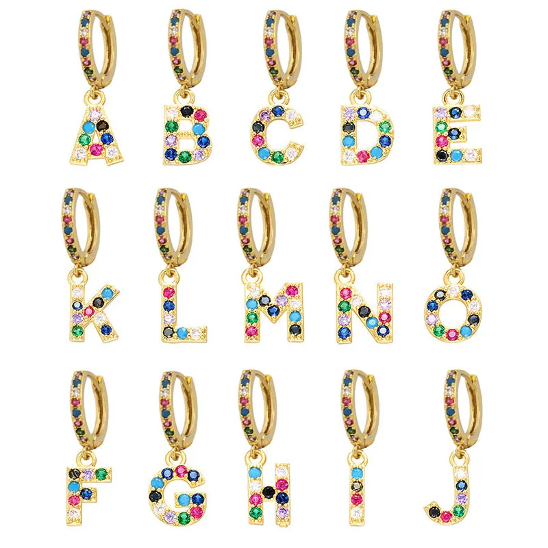 QMHJE  Initial A-Z Letters Mini Small Hoop Earrings Women Gold Silver Color Rainbow Crystal Jewelry Earring Aretes Alphabet ABC