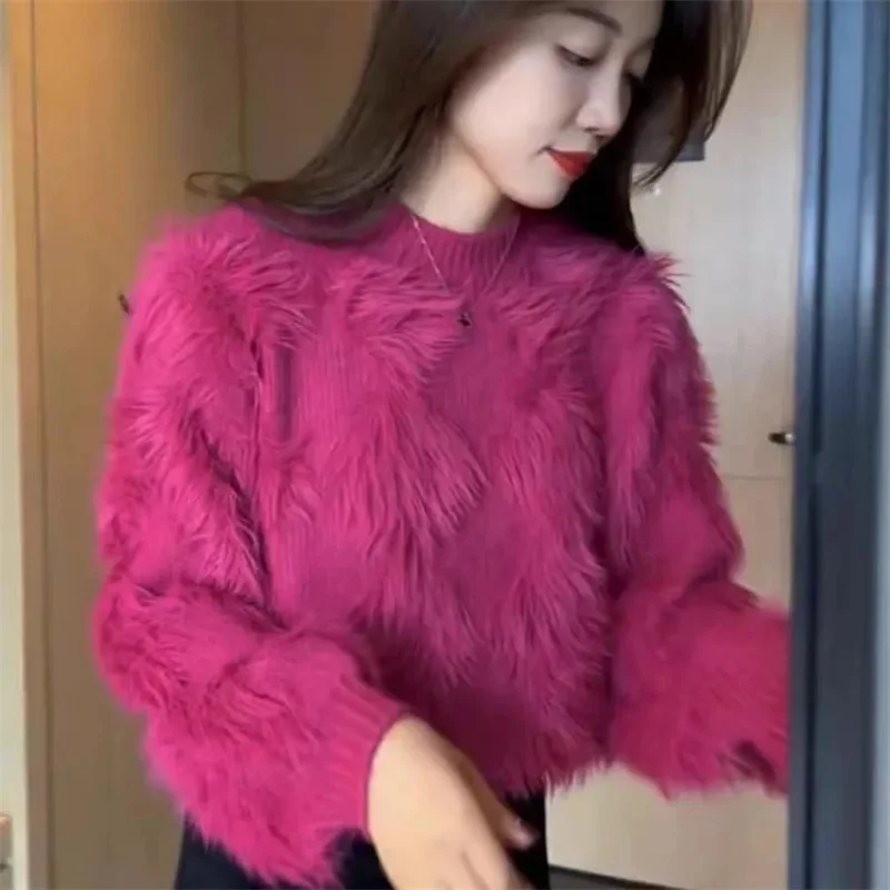 ربيع الخريف السيدات بلون البلوز Lmitation المنك الكورية الإناث طويلة الأكمام محبوك القمم المرأة الجولة الرقبة الحياكة معطف #5