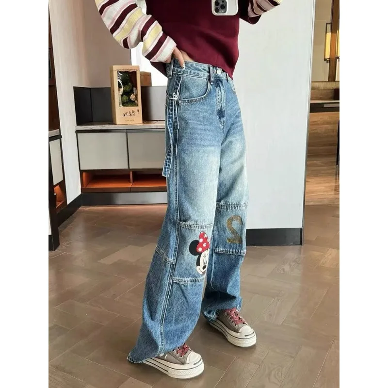 

Women's Spring New Arrival Mickey Cartoon Print High-Waist Cargo Jeans Loose Straight Wide-Leg Trendy Bestseller Casual Pants