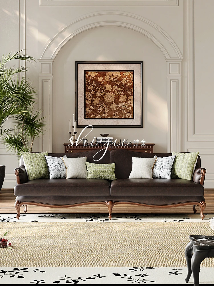 02 French Chinese style living room fabric sofa small American retro solid wood soft bag