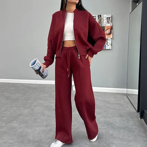 여성용 트레이닝 세트, 긴 소매 코트, 하이웨이스트 와이드 레그 긴 바지 세트, 여성 패션 캐주얼 의류, 레이디 솔리드 세트, 2024 가을 