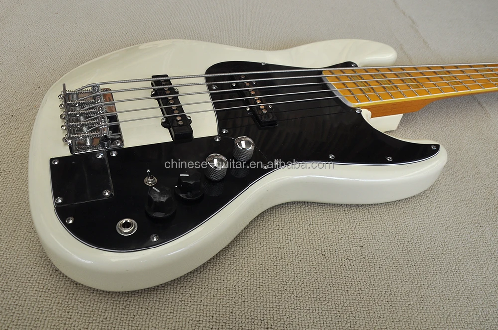 Flyoung Milk WHite Electric Bass 5 Strings Maple Fretboard Bass Chrome Hardwares Big Black Pickguard