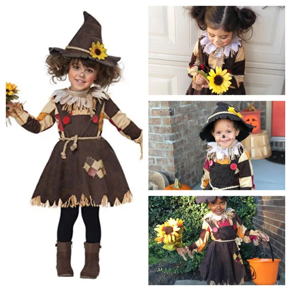 Sunflower Sweet Scarecrow Costume Kids Pumpkin Patch Halloween Straw Cosplay Costumes For Women Girls Carnival Fancy Dress Up