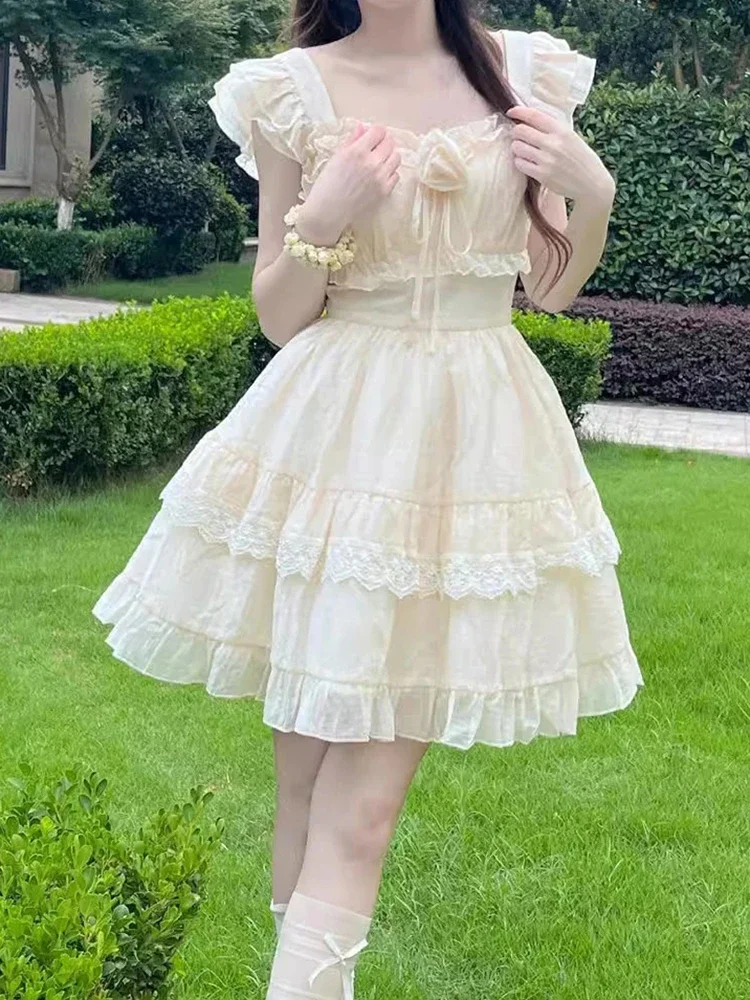 

Summer Fashion Tunic Women Dress Simple Bow Square Neck Lace Mini Dress Elegant European Style Ladies Party Vestidos New