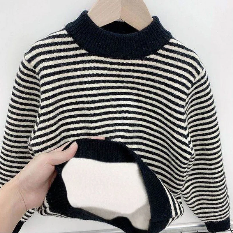 2 Colors Winter Children Fleece Lined Warm Sweater Kids Knitted Thicken Pullover Garment Stripes Korean Boys Sweater 4-10Y