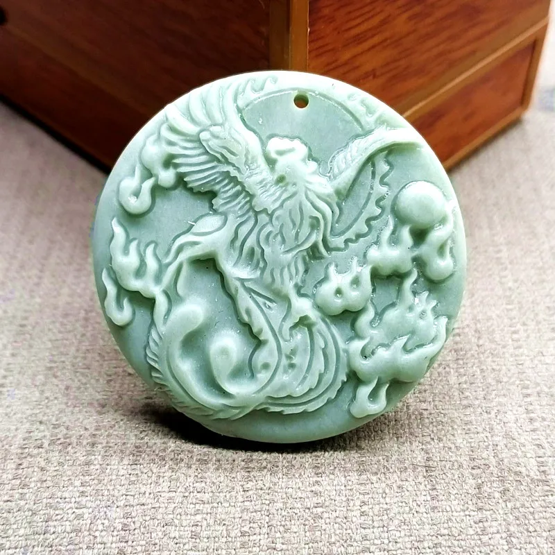 Light Green Jade Handmade Carved Phoenix Pendant,  Boutique Jewelry, Men's and Women's Phoenix Dance Nine Day Necklace