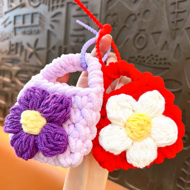 Handmade Mini Crochet Handbag Keychain Cute Knit Pouch Earphone Bag Knitted Keyring Headphones Boxes Portable Covers Key Holder