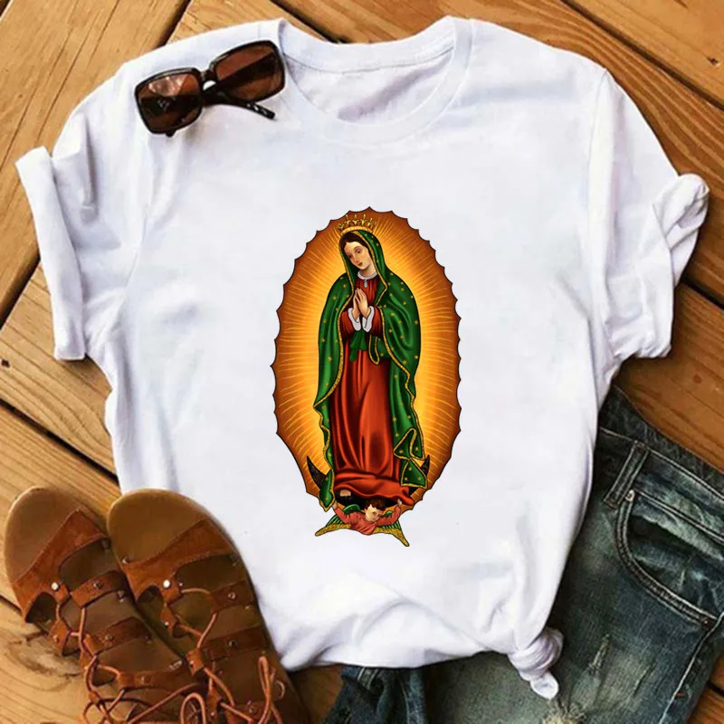 Naszej pani z Guadalupe Christian Virgin Mary naszywki na ubrania termiczne naklejki transferowe DIY T shirt żelazko na dla kobiet Appliqued