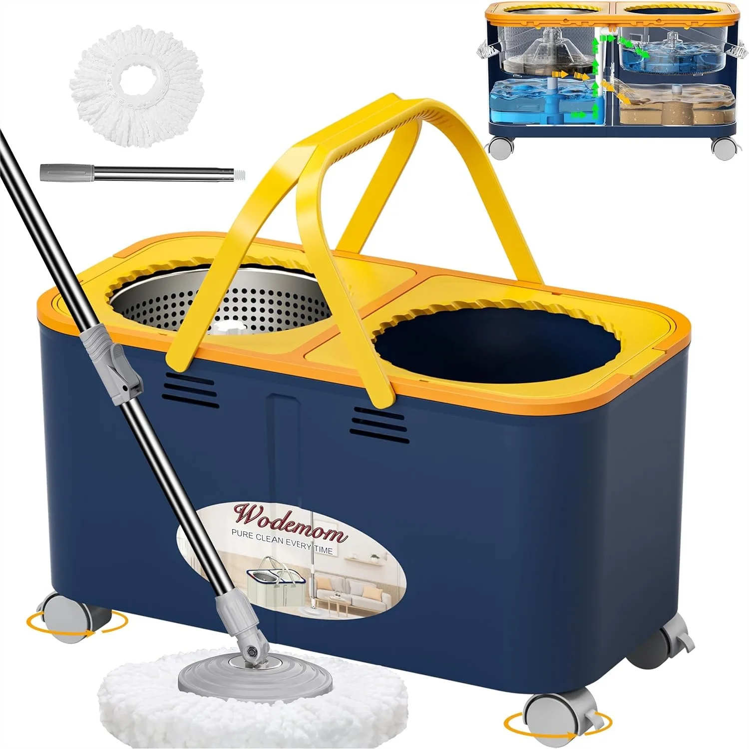 

Compact Spin Mop and Bucket with Dual Water System, 360° Swivel Wheels, 61" Handle for Hardwood, Tile, Vinyl