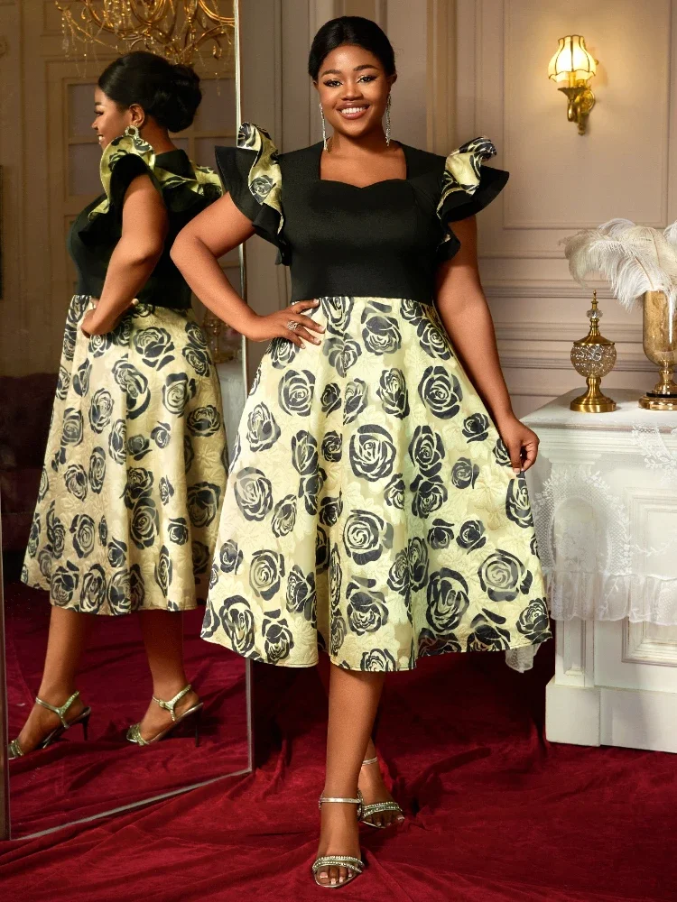 

Floral Jacquard A Line Dresses with Flying Sleeves Color Block Perfect for Weddings Cocktail Parties or Elegant Dinner Events