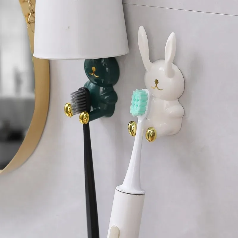 1/4PCS Cartoon Rabbit Toothbrush Holder Wall Mounted Punch-free Self Adhesive Key Plug Storage Rack Kitchen Bathroom Organizer