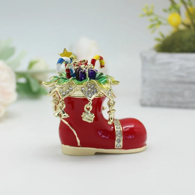 SHINNYGIFTS Pewter Enamel Christmas Gift Box Boots Jewelry Metal Trinket Box For Children