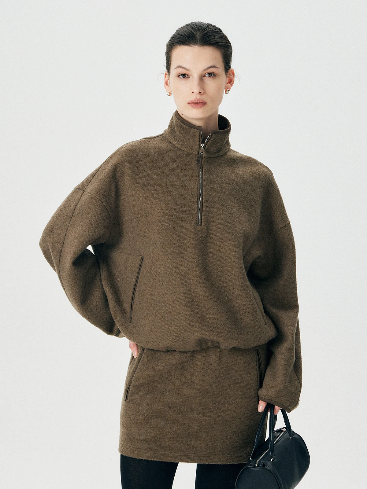 

Thoransaura Women's Winter Faion Set Lightweight Warm Wool Texture Hoodie Suede Patchwork Long Sve High Collar Casual Sle