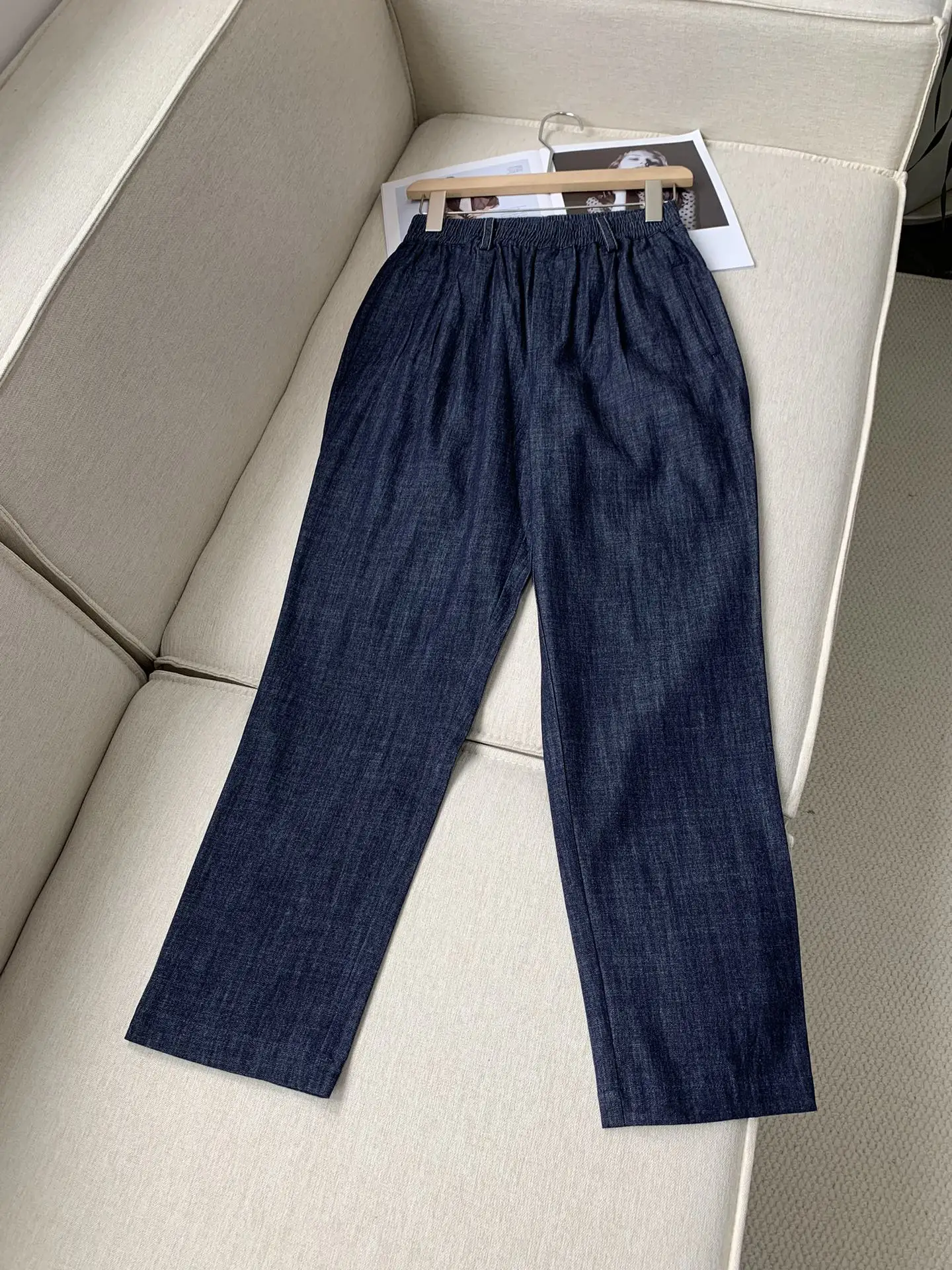 

Women Tapered Jeans Autumn New Pure Cotton Casual Trousers Elastic Waist Solid Color Loose Female Long Pants