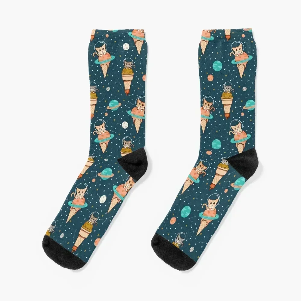 Cats Floating on Ice Cream in Space Socks sports stockings hockey gym luxe Mens Socks Women's