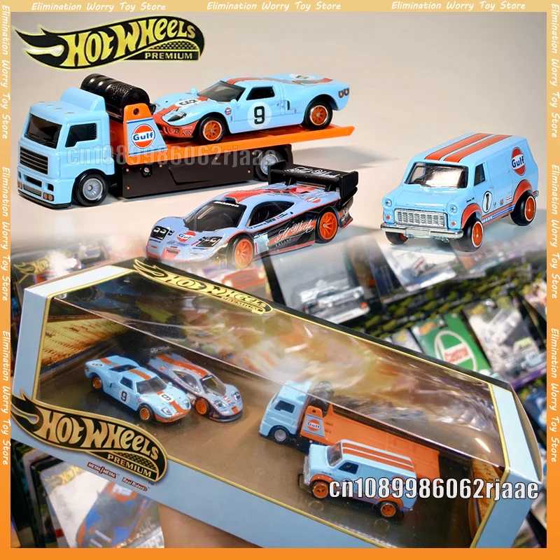 coleccion-de-modelos-de-autos-de-carreras-clasicos-hot-wheels-le-mans-garage-gulf-oil-livery-series-gmh39-mclaren-f1-ford-gt40-escala-1-64